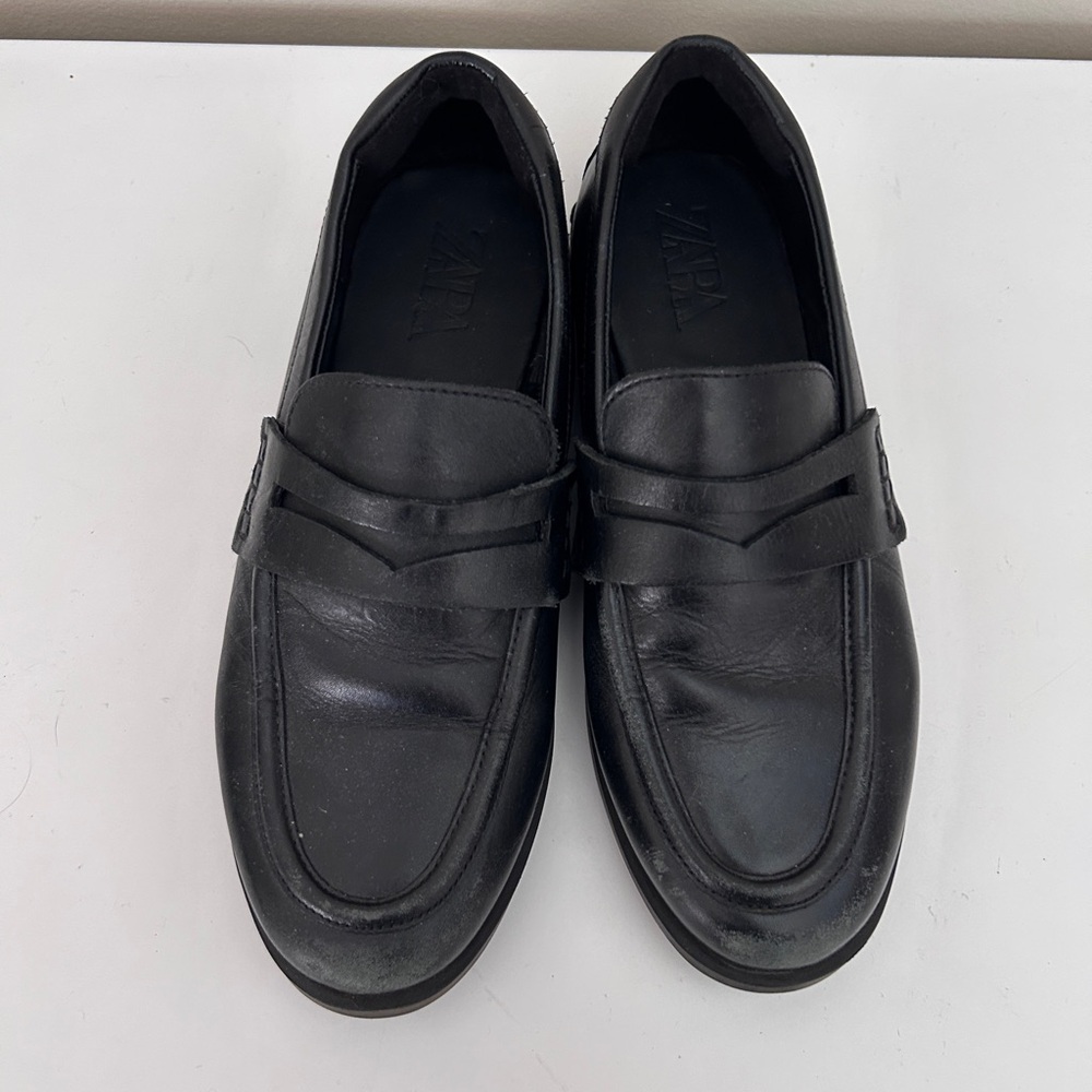 ZARA Black Leather Penny Loafers - Boy’s